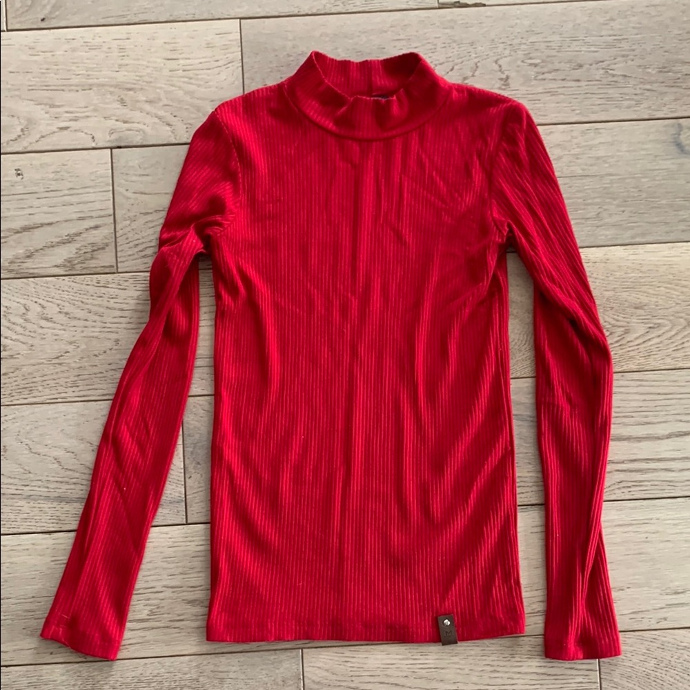 Red Ribbed Turtleneck Top